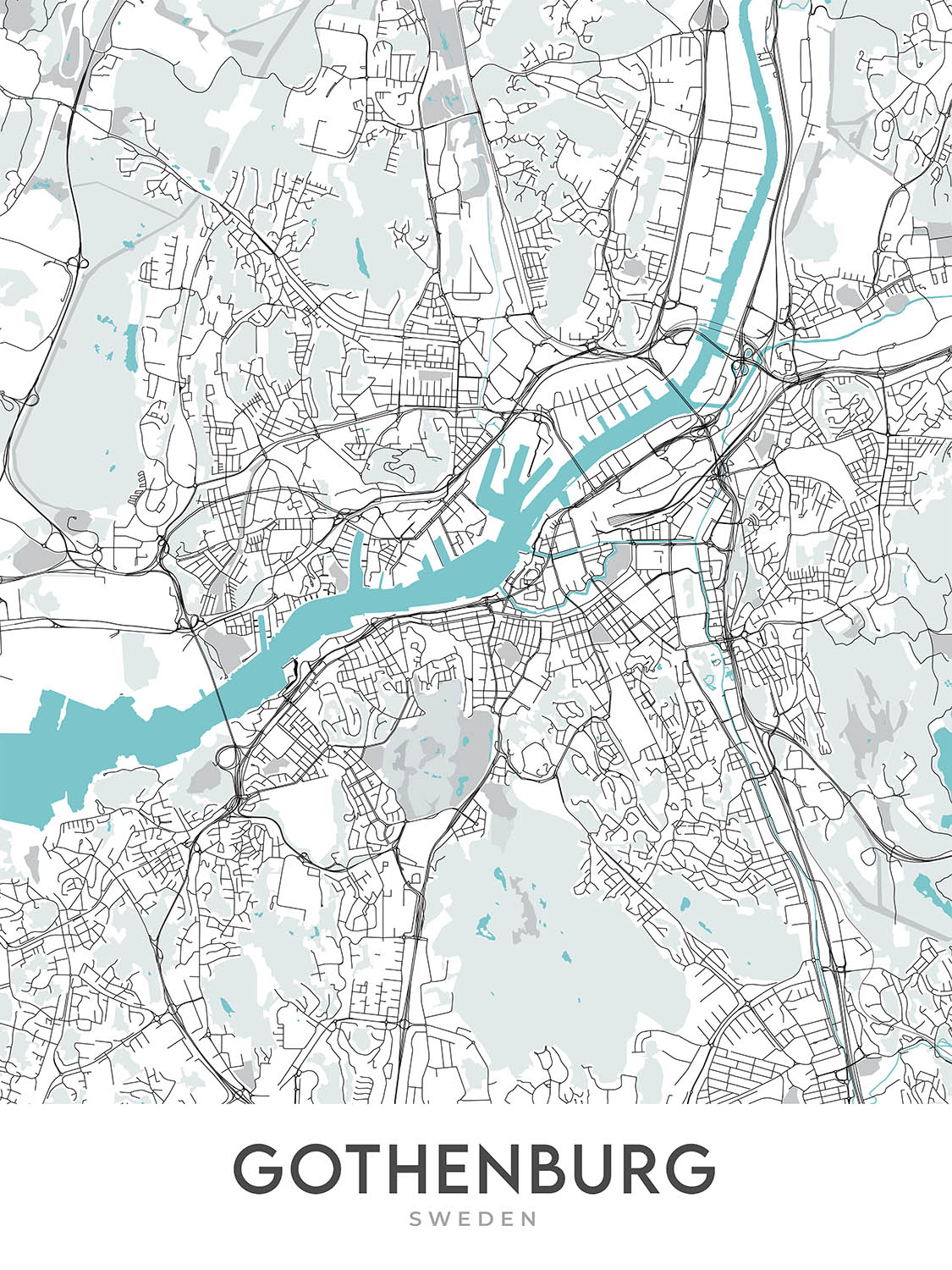 Mapa moderno de la ciudad de Gotemburgo, Suecia: Haga, Liseberg, Catedral, Ópera, Universeum