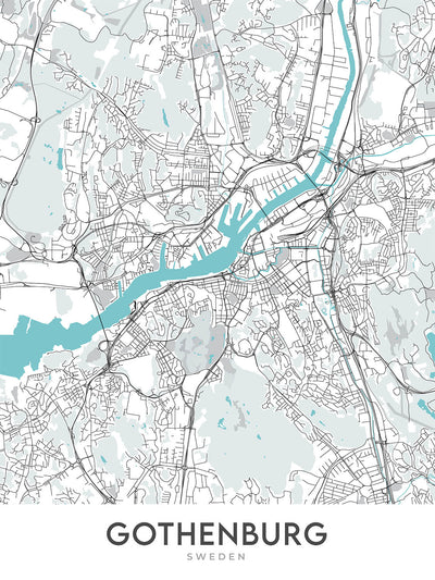 Mapa moderno de la ciudad de Gotemburgo, Suecia: Haga, Liseberg, Catedral, Ópera, Universeum
