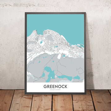 Mappa moderna della città di Greenock, Scozia: Centro città, Lyle Hill, A78, Custom House, Battery Park 