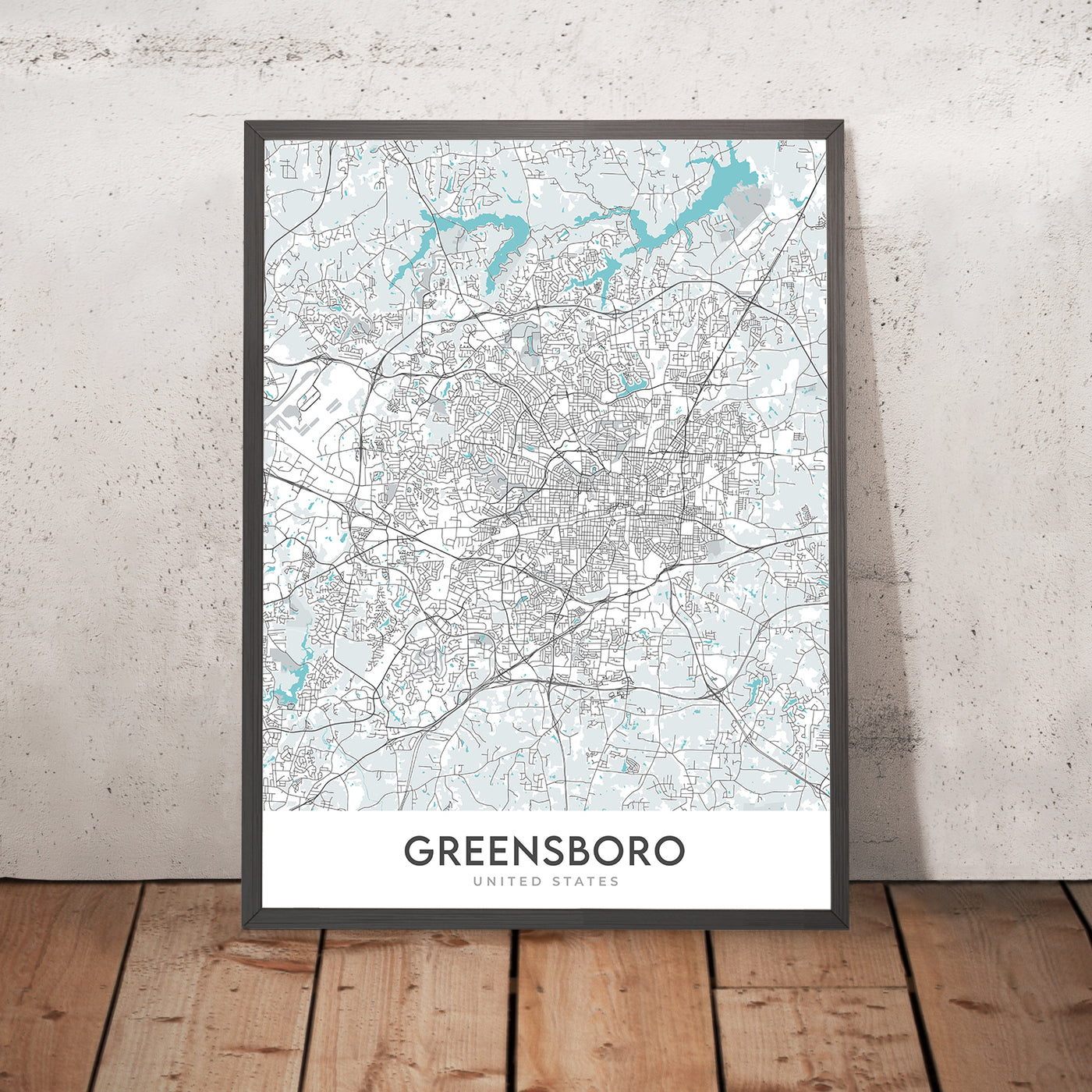 Plan de la ville moderne de Greensboro, Caroline du Nord : centre-ville, Colisée, université, I-40, I-85