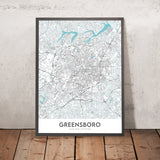 Moderne Stadtkarte von Greensboro, NC: Innenstadt, Coliseum, Universität, I-40, I-85 
