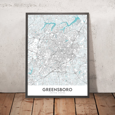 Plan de la ville moderne de Greensboro, Caroline du Nord : centre-ville, Colisée, université, I-40, I-85