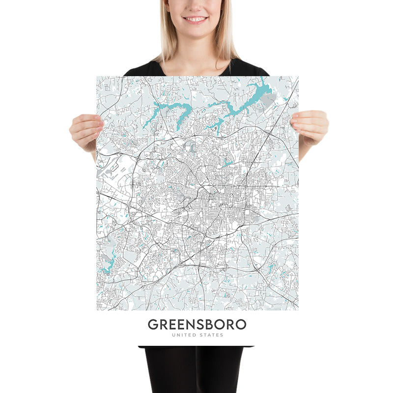Plan de la ville moderne de Greensboro, Caroline du Nord : centre-ville, Colisée, université, I-40, I-85
