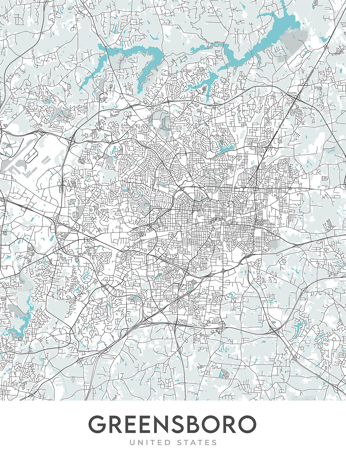 Plan de la ville moderne de Greensboro, Caroline du Nord : centre-ville, Colisée, université, I-40, I-85