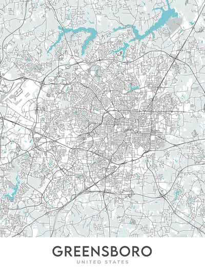 Plan de la ville moderne de Greensboro, Caroline du Nord : centre-ville, Colisée, université, I-40, I-85