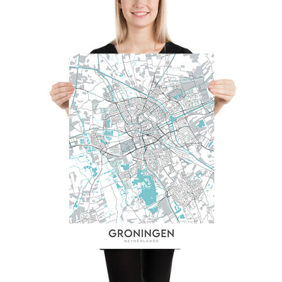 Mapa moderno de la ciudad de Groningen, Países Bajos: universidad, museo, torre, canal, parque