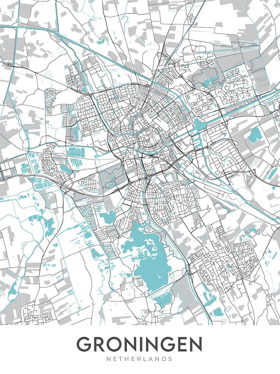 Mapa moderno de la ciudad de Groningen, Países Bajos: universidad, museo, torre, canal, parque