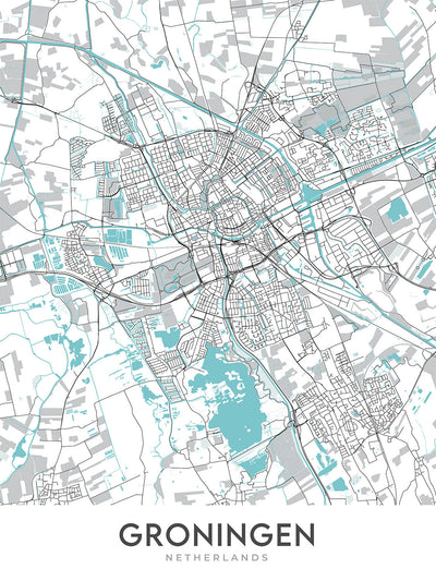 Mapa moderno de la ciudad de Groningen, Países Bajos: universidad, museo, torre, canal, parque