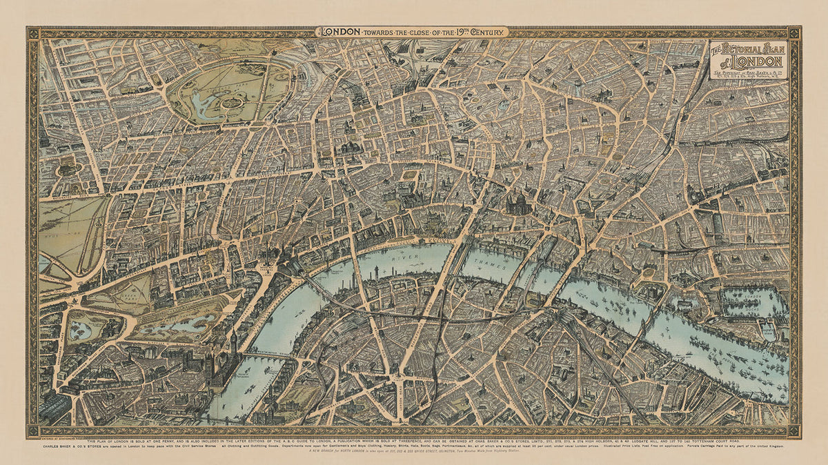 Ancienne carte de Londres en 1892 par Charles Baker & Co - Westminster, City of London, Lambeth, Covent Garden, Marylebone