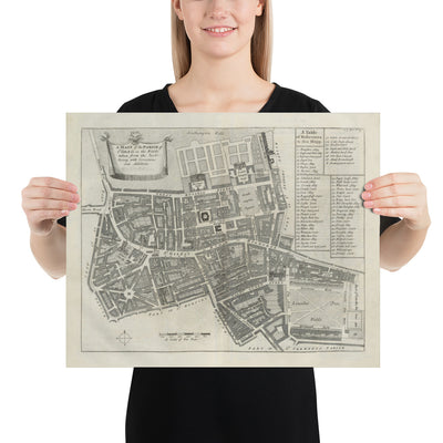 Mapa antiguo de Londres St Giles en 1720 por John Strype y John Stow - Great Russell Street, Lincoln's Inn Fields, High Holborn, Drury Lane
