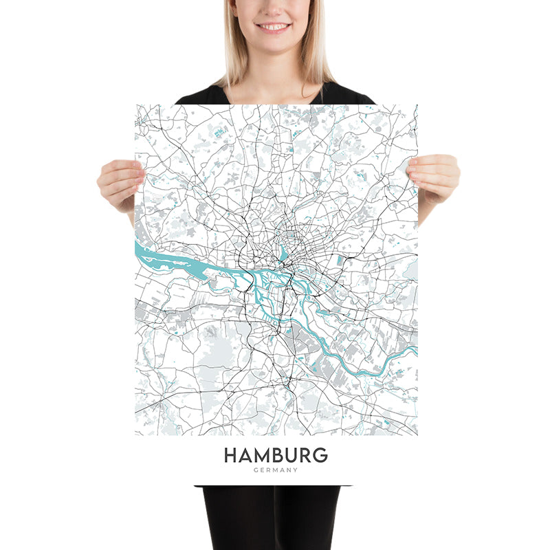 Plan de la ville moderne de Hambourg, Allemagne : Altstadt, St. Pauli, Elbphilharmonie, Reeperbahn, Planten un Blomen