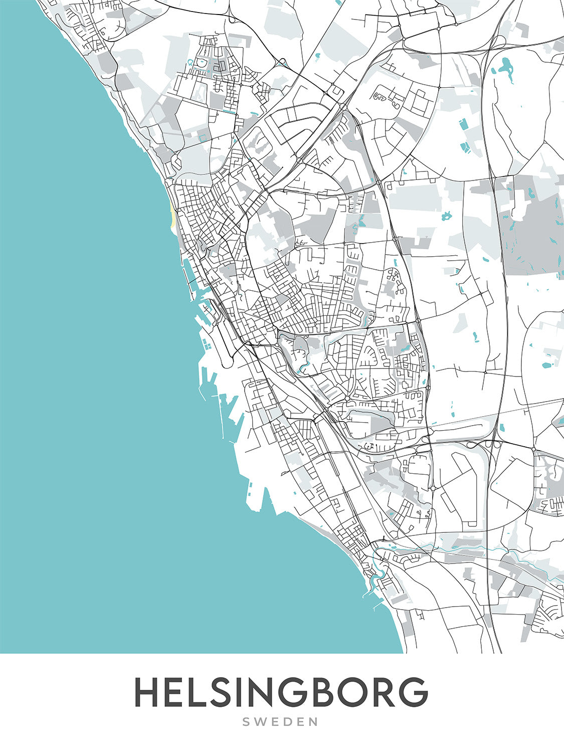 Mapa moderno de la ciudad de Helsingborg, Suecia: Centrum, Ramlösa, Castillo de Helsingborg, Castillo Sofiero, E4