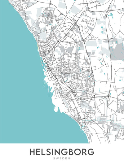 Mapa moderno de la ciudad de Helsingborg, Suecia: Centrum, Ramlösa, Castillo de Helsingborg, Castillo Sofiero, E4