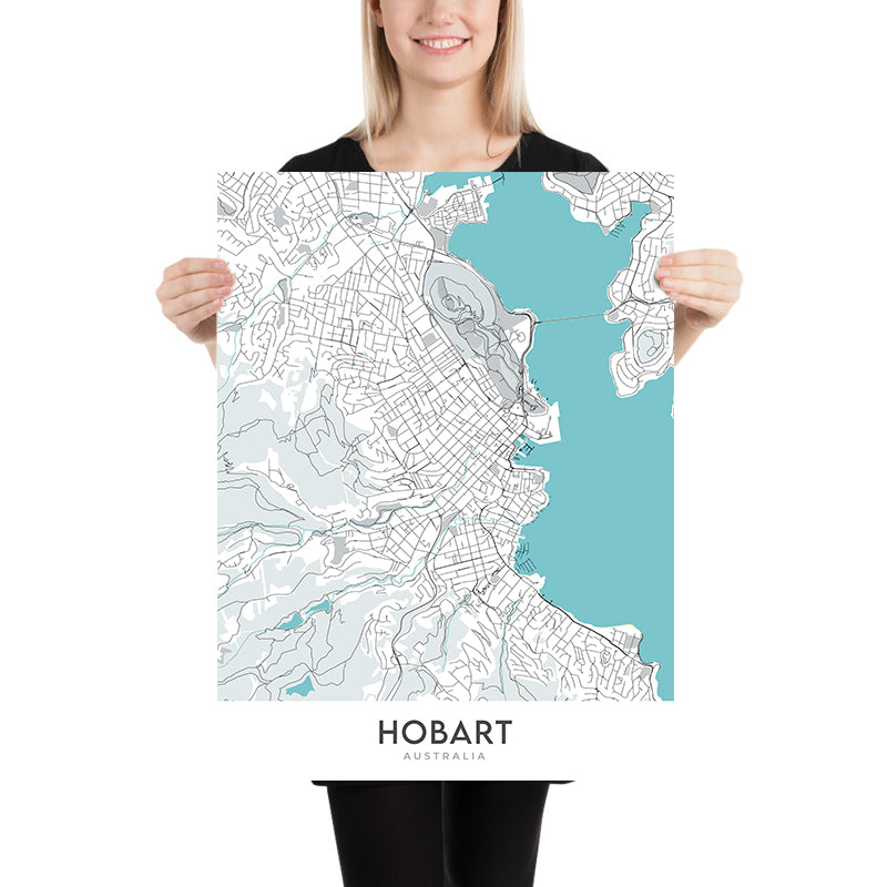 Modern City Map of Hobart, Australia: Sandy Bay, Battery Point, St. David's Cathedral, Tasmanian Museum, Hobart Cenotaph