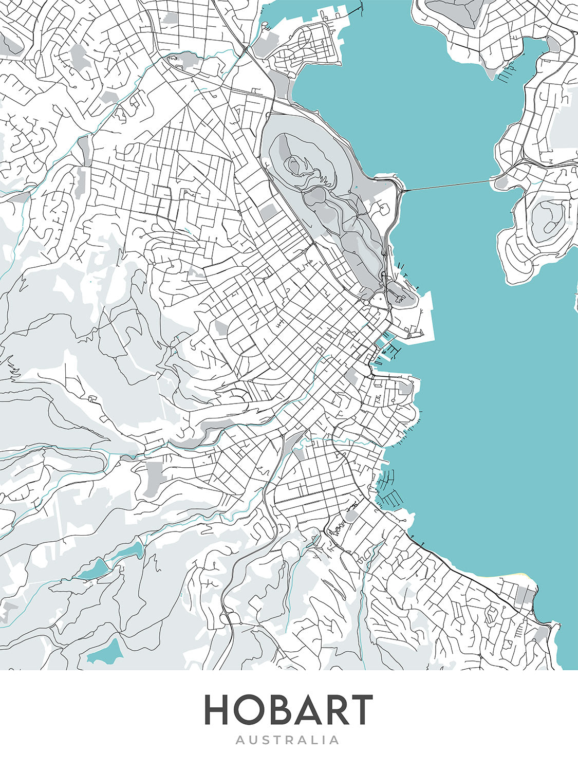 Modern City Map of Hobart, Australia: Sandy Bay, Battery Point, St. David's Cathedral, Tasmanian Museum, Hobart Cenotaph