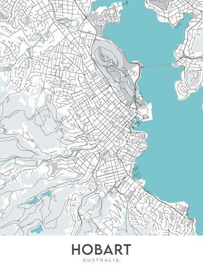Modern City Map of Hobart, Australia: Sandy Bay, Battery Point, St. David's Cathedral, Tasmanian Museum, Hobart Cenotaph