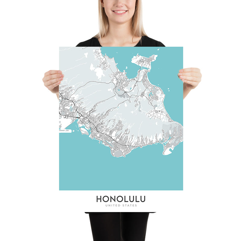 Plan de la ville moderne d'Honolulu, HI : Waikiki, Diamond Head, centre-ville, Ala Moana, Université d'Hawaï