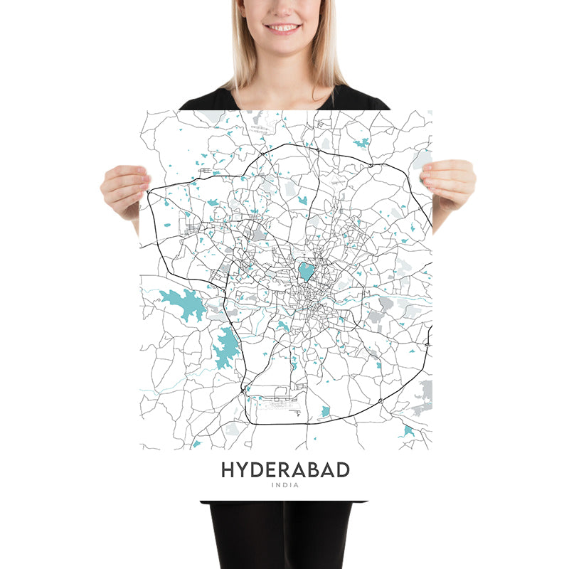 Modern City Map of Hyderabad, India: Banjara Hills, HITEC City, Hussain Sagar, KBR Park, Old Mumbai Hwy