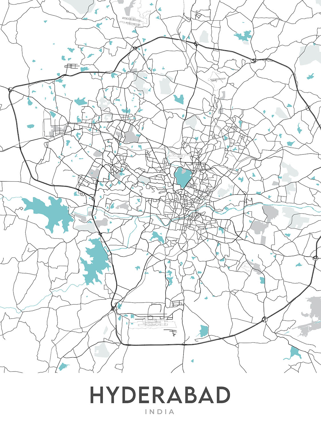 Modern City Map of Hyderabad, India: Banjara Hills, HITEC City, Hussain Sagar, KBR Park, Old Mumbai Hwy