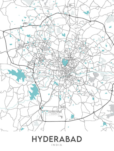 Modern City Map of Hyderabad, India: Banjara Hills, HITEC City, Hussain Sagar, KBR Park, Old Mumbai Hwy
