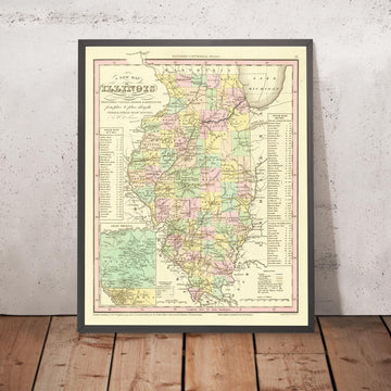 Mapa antiguo de Illinois por H. S. Tanner, 1836: Chicago, Aurora, Rockford, Joliet, Naperville, Carreteras, Ferrocarril, Canales