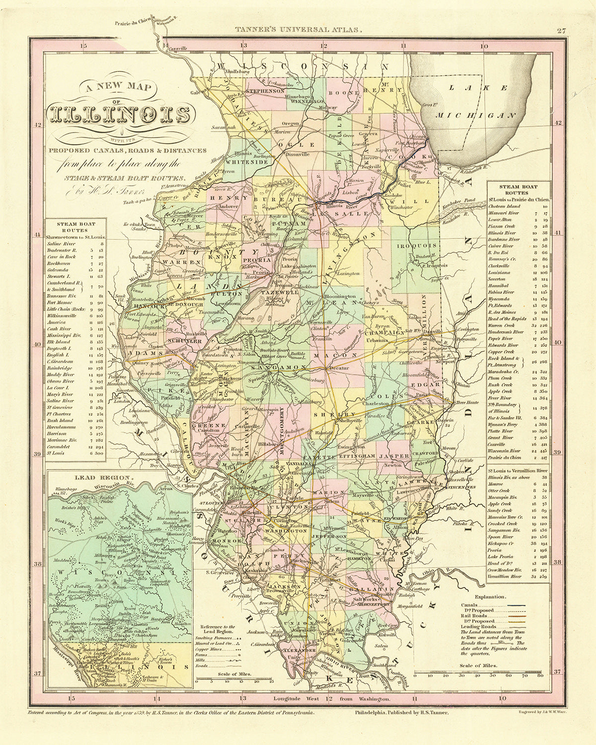 Mapa antiguo de Illinois por H. S. Tanner, 1836: Chicago, Aurora, Rockford, Joliet, Naperville, Carreteras, Ferrocarril, Canales