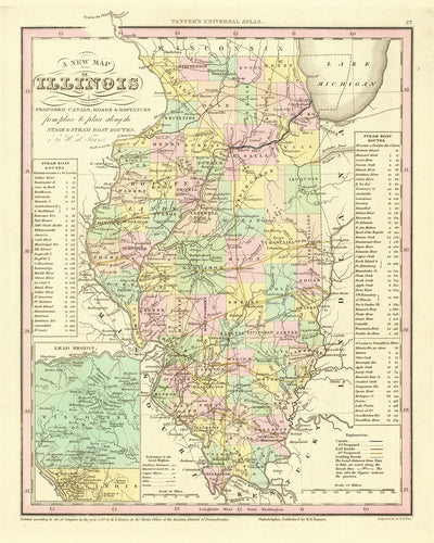 Mapa antiguo de Illinois por H. S. Tanner, 1836: Chicago, Aurora, Rockford, Joliet, Naperville, Carreteras, Ferrocarril, Canales