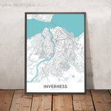 Mapa moderno de la ciudad de Inverness, Escocia: centro de la ciudad, río Ness, A82, castillo de Inverness, islas Ness