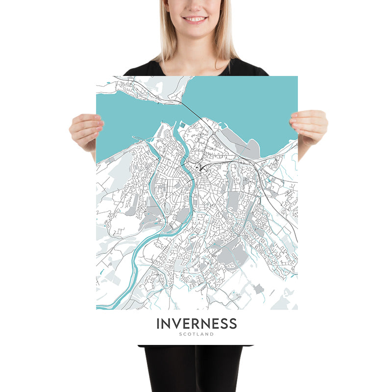 Moderne Stadtkarte von Inverness, Schottland: Stadtzentrum, Fluss Ness, A82, Inverness Castle, Ness-Inseln 