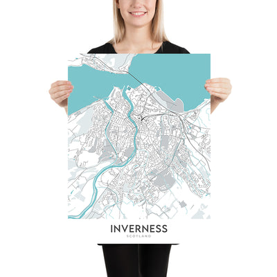 Moderne Stadtkarte von Inverness, Schottland: Stadtzentrum, Fluss Ness, A82, Inverness Castle, Ness-Inseln 