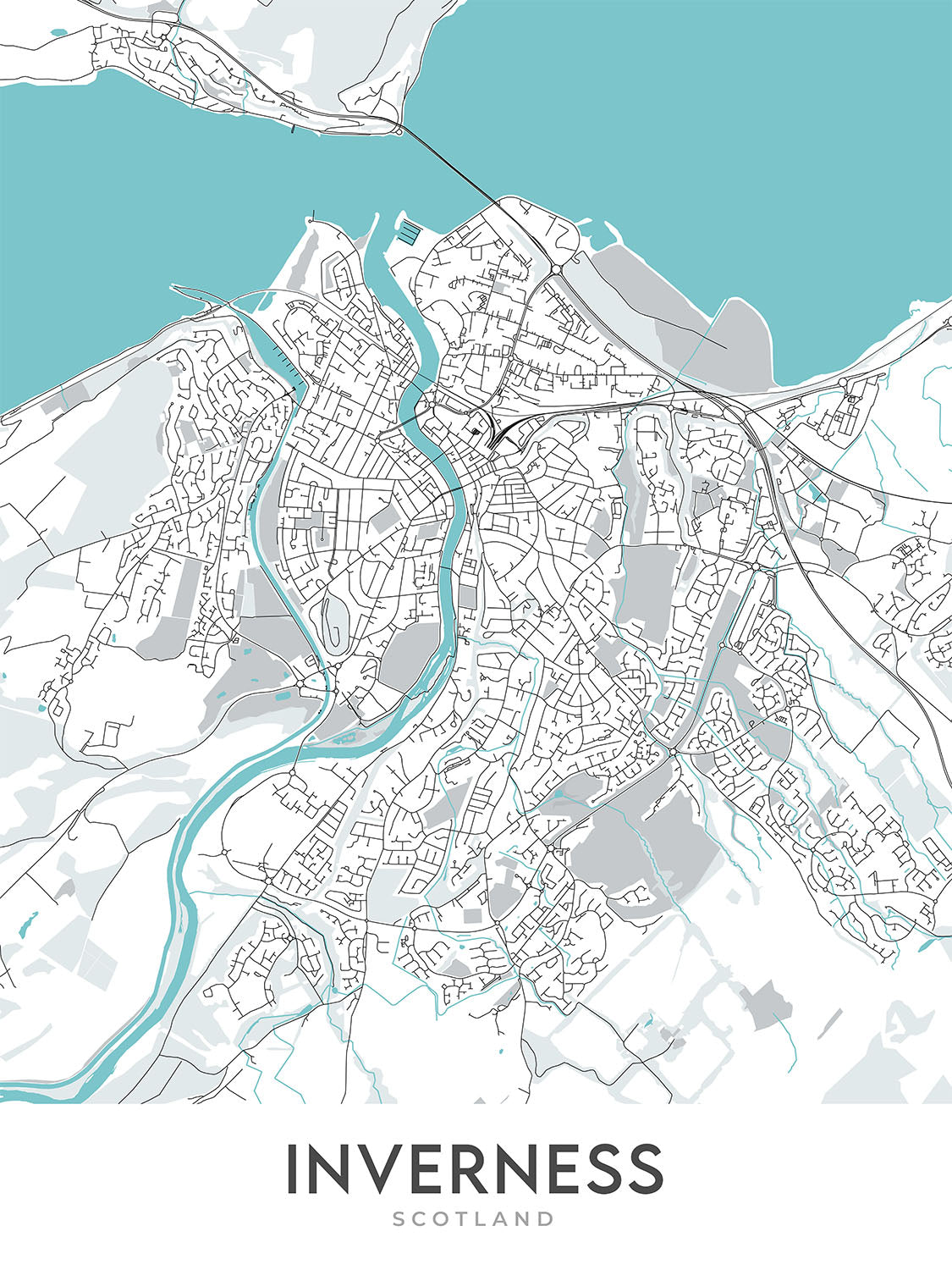 Moderne Stadtkarte von Inverness, Schottland: Stadtzentrum, Fluss Ness, A82, Inverness Castle, Ness-Inseln 