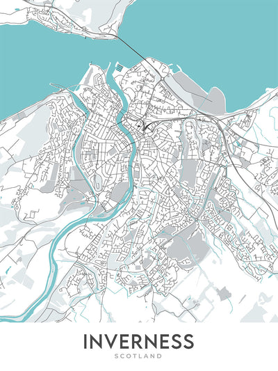 Moderne Stadtkarte von Inverness, Schottland: Stadtzentrum, Fluss Ness, A82, Inverness Castle, Ness-Inseln 