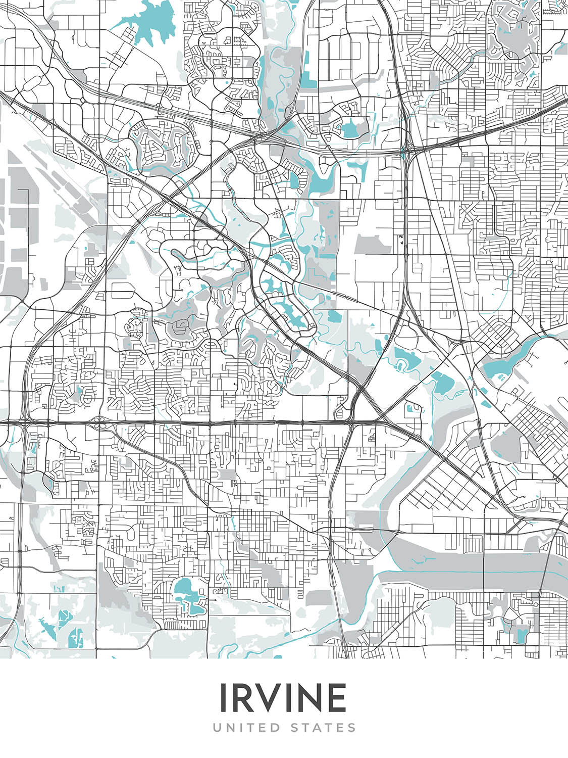 Plan de la ville moderne d'Irvine, Californie : Irvine, Northwood, Woodbridge, Quail Hill, Turtle Rock