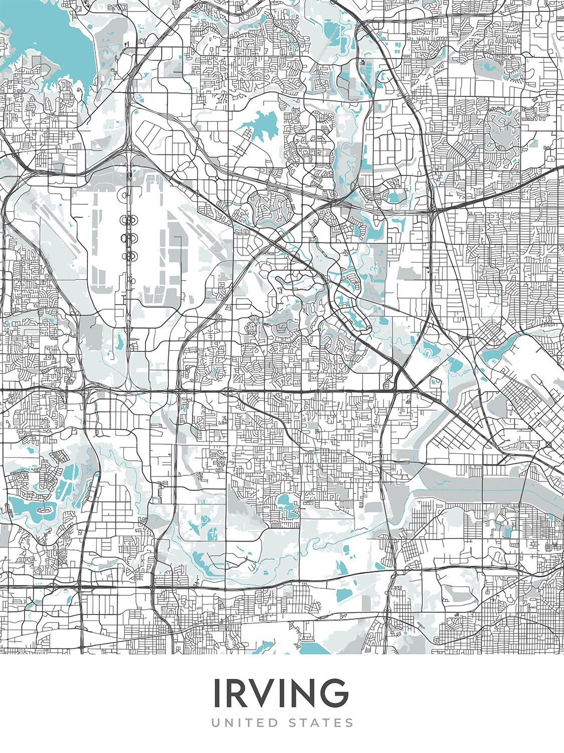Plan de la ville moderne d'Irving, Texas : Las Colinas, Toyota Music Factory, Mustangs, Mandalay Canal, Irving Mall