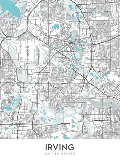Plan de la ville moderne d'Irving, Texas : Las Colinas, Toyota Music Factory, Mustangs, Mandalay Canal, Irving Mall