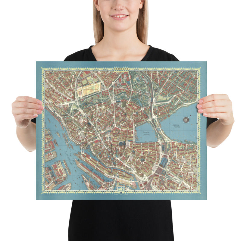 Mapa antiguo de Hamburgo en 1964 por Hermann Bollman - Binnenalster, Alster Lakes, Heiligengeistfeld, Planten un Blomen, Central Station
