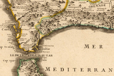 Antiguo mapa del Algarve y Gibraltar en 1742 por Nicolas de Fer - Cádiz, Málaga, Sevilla, Marbella, Lisboa, Portugal, España