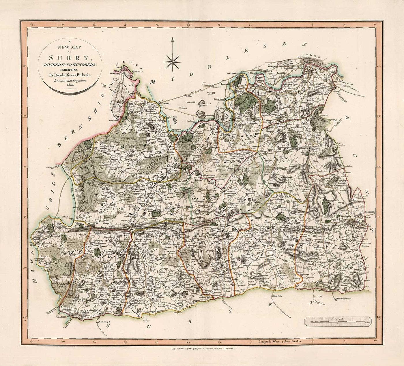 Alte Karte von Surrey im Jahr 1801 von John Cary - Guildford, Haslemere, Streatham, Reigate, Dorking 