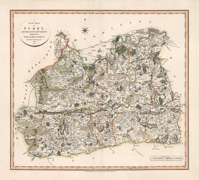 Alte Karte von Surrey im Jahr 1801 von John Cary - Guildford, Haslemere, Streatham, Reigate, Dorking 