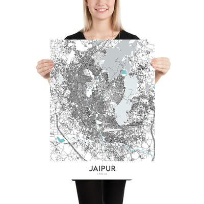Mapa moderno de la ciudad de Jaipur, Rajasthan: Ciudad Rosa, Hawa Mahal, MI Road, JLN Marg, Palacio de la Ciudad