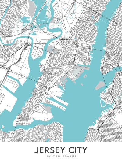 Plan de la ville moderne de Jersey City, NJ : Bergen-Lafayette, Liberty State Park, Statue de la Liberté, Journal Square, Exchange Place