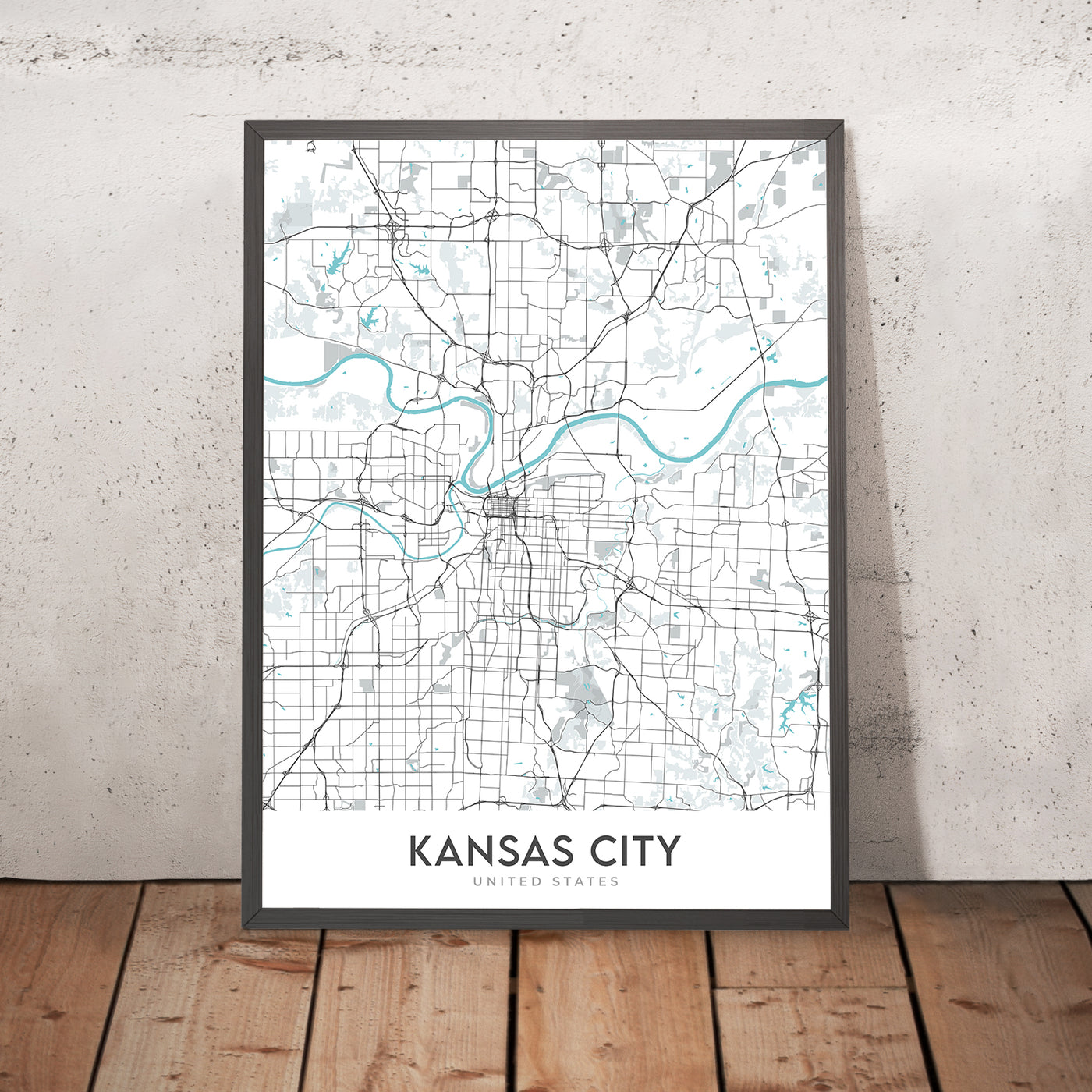 Plan de la ville moderne de Kansas City, MO : centre-ville, Country Club Plaza, stade Kauffman, I-70, I-35