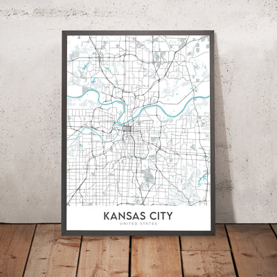 Plan de la ville moderne de Kansas City, MO : centre-ville, Country Club Plaza, stade Kauffman, I-70, I-35