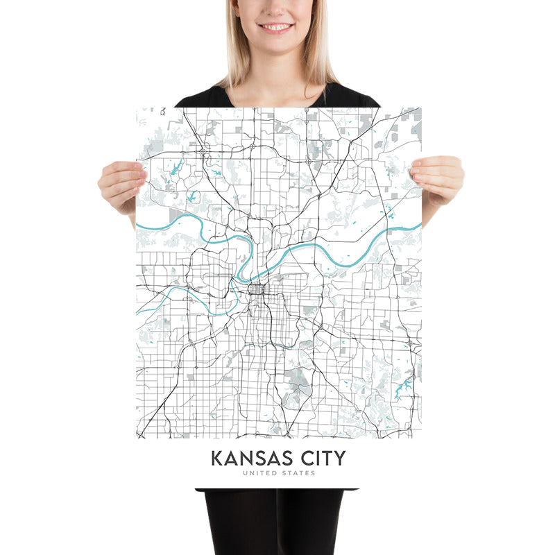 Plan de la ville moderne de Kansas City, MO : centre-ville, Country Club Plaza, stade Kauffman, I-70, I-35