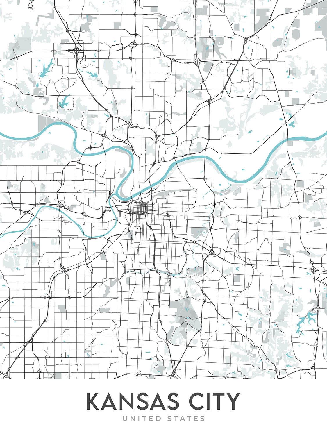 Plan de la ville moderne de Kansas City, MO : centre-ville, Country Club Plaza, stade Kauffman, I-70, I-35