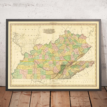 Antica mappa del Kentucky e del Tennessee di H.S. Tanner, 1820, con Nashville, Louisville, Lexington, Knoxville e Chattanooga 