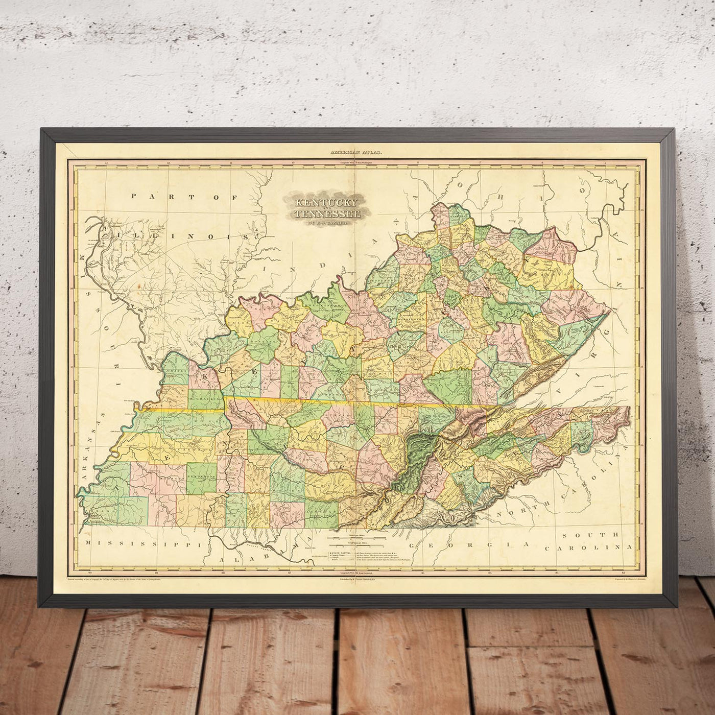 Ancienne carte du Kentucky et du Tennessee par H.S. Tanner, 1820, comprenant Nashville, Louisville, Lexington, Knoxville et Chattanooga