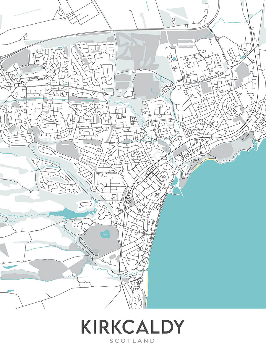 Mappa della città moderna di Kirkcaldy, Scozia: Castello di Ravenscraig, Parco Beveridge, A921, Pathhead, Porto 