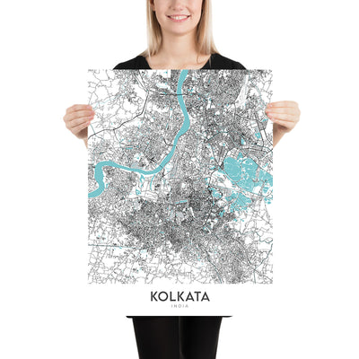 Mapa moderno de la ciudad de Calcuta, India: Victoria Memorial, Templo Kalighat, Park St, Ballygunge, Alipore