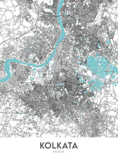 Mapa moderno de la ciudad de Calcuta, India: Victoria Memorial, Templo Kalighat, Park St, Ballygunge, Alipore